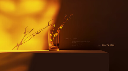 the Golden Hour. 3d realistic platform, or podium, placement template scene for product display presentation fully editable realistic vector