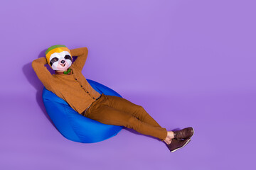 Top above high angle view full size photo of young man sit chair arms behind head dream isolated...