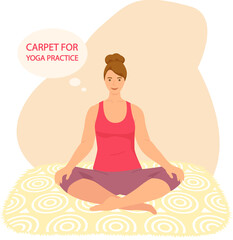 Fototapeta na wymiar Woman doing yoga on mat inside room. Girl in yoga asana on carpet in home interior. Classes at home during quarantine. Woman meditation. Person sitting in lotus pose and meditating. Relax and calm