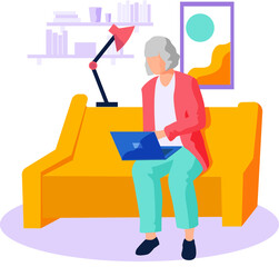 Old woman looking for information and surfing internet. Person tries to use computer. Character sits and spends time on social media. Elder learns new technologies, work and communicate through gadget