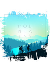 Mountain landscape. The frame of brush strokes. Hiking. Adventure. Travel concept of discovering, exploring and observing nature. Polygonal minimalist graphic flat design. Vector illustration.