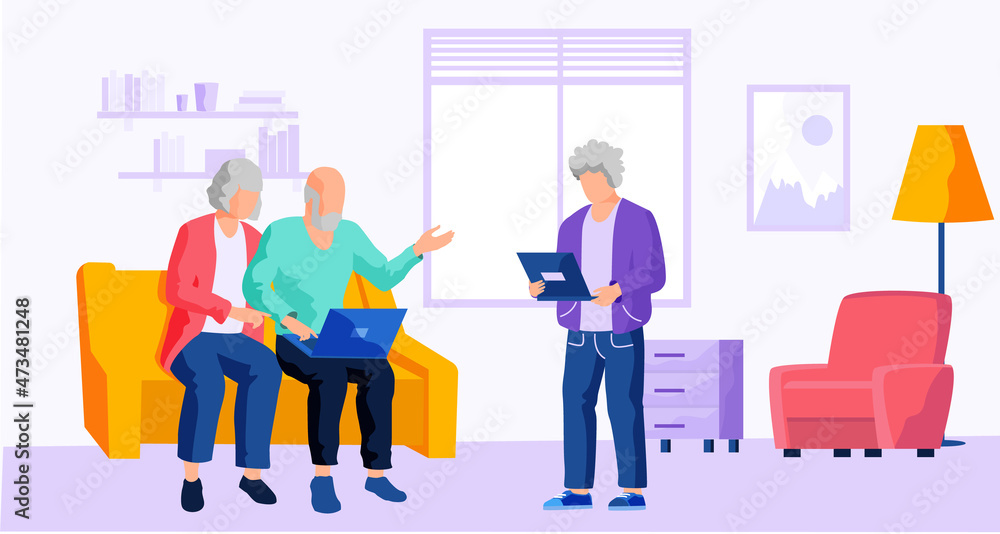Poster man helping old people to use computer. elderly couple learn new technologies. characters surfing in