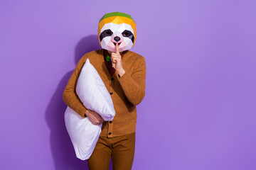 Photo of young man cover mouth finger confidential keep secret gossip private isolated over purple color background