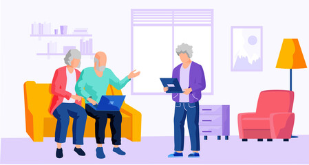 Obraz premium Man helping old people to use computer. Elderly couple learn new technologies. Characters surfing internet and typing on laptop. Grandparent spend time on social media and communicate through gadget