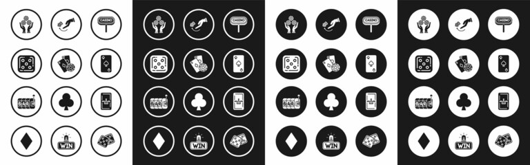 Set Casino signboard, chip and playing cards, Game dice, Hand holding casino chips, Playing with spades symbol, Human hand throwing game, Joker and Slot machine icon. Vector