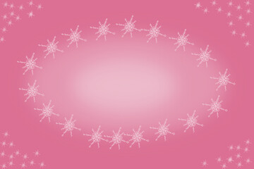 Pink background for a holiday card for Christmas or New Year with a frame of snowflakes New Year's card
