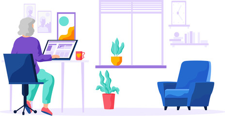 Old woman looking for information and surfing internet. Person tries to use computer. Character sits and spends time on social media. Elder learns new technologies, work and communicate through gadget