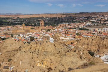 Guadix with its fortress and the Cathedral, seen from the Caves lookout