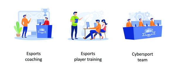 Cybersport team performance, Esport coaching, Esport player training. E-games tournament abstract concept vector illustration set.