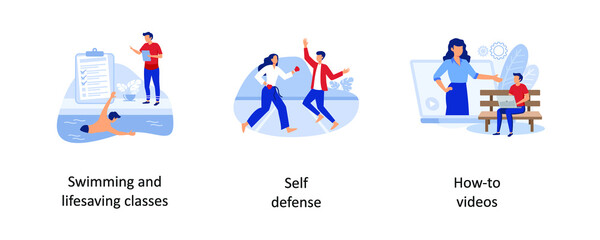Swimming and life saving classes, Self defense, How to videos. Personal training abstract concept vector illustration set.