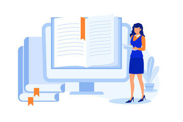 Illustration on e-book theme. Cute people study and read books on phones, laptops, computers and tablets. Flat Vector can be used by libraries, apps, landing pages, stores, schools or e-commerce.