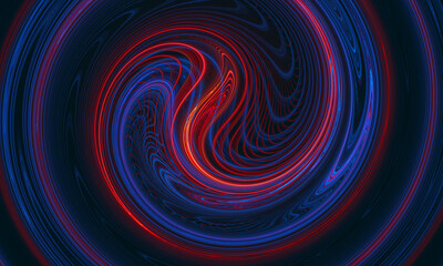 Red blue ripples of 3d fluid or liquid neon twirl in deep dark space. Abstract artistic digital representation of sound wave, music mix, rhythm vibration. Great as cover, print, cover, background. - 473481843