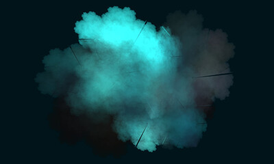 Artistic turquoise cloud or cluster of steam with incisions or notching on black background. Glowing aqua blue 3d smoke with shades and highlights. Great as design element, print, cover or poster. 