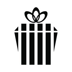 Gift in a box with black stripes with a bow on a white background in the shape of a trapezoid. Modern holiday icon. Vector.
