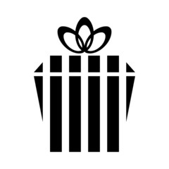 Gift in a box with black stripes with a bow on a white background in the shape of a trapezoid. Modern holiday icon. 