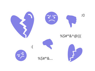 A set of flat illustrations on the theme of negative feedback, comments, disliking and bullying. Broken heart, angry smiley face, hand with finger down on white background. Vector illustration.