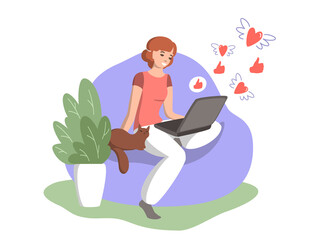 Flat drawing of a cheerful girl at the computer, positive reviews, comments. The concept of relationships, love, joy and friendship, communication and work on the Internet. Vector illustration.