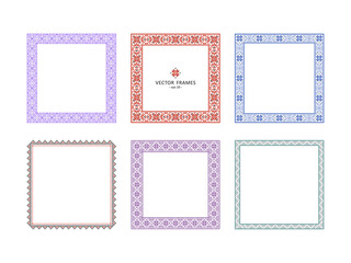 Decorative cross-stitch with stylized flowers on a white background. Set of square frames with traditional folk elements of embroidery. Stock illustration - eps10 vector.