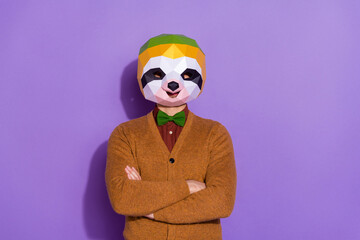 Photo of young man crossed hands authentic outfit creative red panda isolated over violet color...