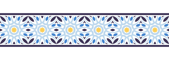Border line seamless background. Decorative design seamless ornamental mosaic border pattern. Islamic, indian, arabic motifs. Abstract flower