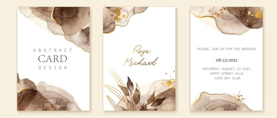 Set of elegant cards in brown, beige, golden colors. Watercolor spots, ink imitation, botanical leaves, gold lines