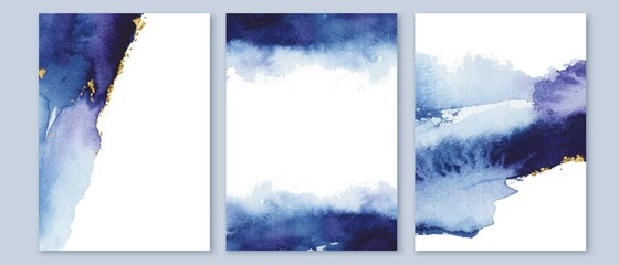 Set of bright blue and violet watercolor texture cards. Fluid ink with golden foil. Design for cover, card, packaging