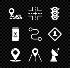 Set Folded map with location marker, Road traffic sign, Traffic light, Map pin, Radar, Infographic of city navigation and Route icon. Vector