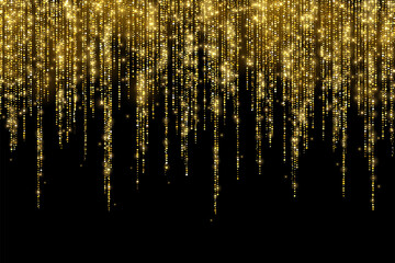 Gold holiday decoration long glitter garland on black background. Vector