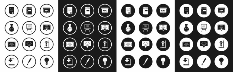 Set Chalkboard, Test tube and flask chemical laboratory, Certificate template, Book, Glass test on fire and icon. Vector