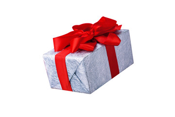Gift box with red ribbon isolated on white background.
