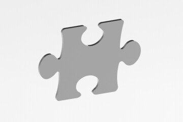 puzzle element on white background. puzzle is metal. puzzle close-up. horizontal image. 3D rendering. 3D image.