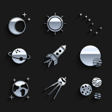 Set Rocket ship with fire, Satellite, Planet, Earth globe, Great Bear constellation and Moon and stars icon. Vector