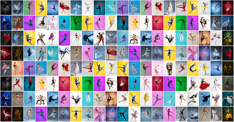 Collage made of portraits of female and male ballet dancers dancing isolated on multicolored background in neon light.