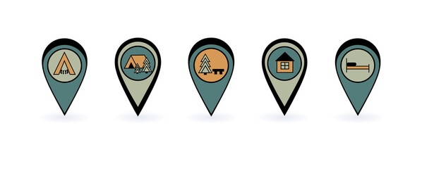 Set of vector pins with location icons. Colored pointers for route markers. For applications, video, printing. Resting place, bed, hotel, home, hotel, tent