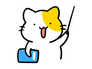 棒で指し示すかわいいねこのキャラクターの手書き風イラスト