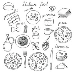 Italian food set vector illustration, hand drawing doodles