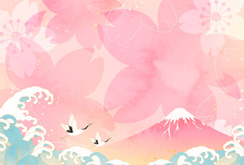 Fototapeta na wymiar 桜と富士山と波と鶴のおめでたいパステルカラーのベクターイラスト背景