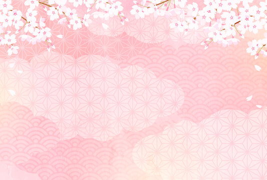 桜と和柄の雲のパステルカラーのベクターイラスト背景