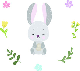 Happy Easter card. Vector illustration of cute cartoon rabbit surrounded by flowers and Easter eggs. Isolated on white