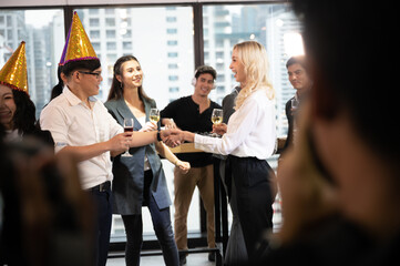 businessman and business partner person team in success, happy and fun in group celebration party