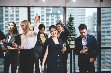 Obraz premium businessman and business partner person team in success, happy and fun in group celebration party