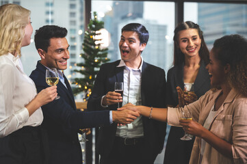 businessman and business partner person team in success, happy and fun in group celebration party