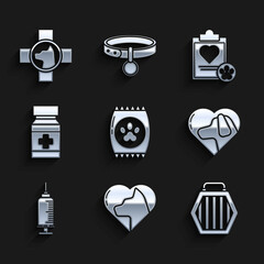 Set Bag of food for pet, Heart with cat, Pet carry case, dog, Syringe vaccine, Dog medicine bottle and pills, Clipboard medical clinical record and Veterinary symbol icon. Vector