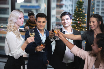 businessman and business partner person team in success, happy and fun in group celebration party