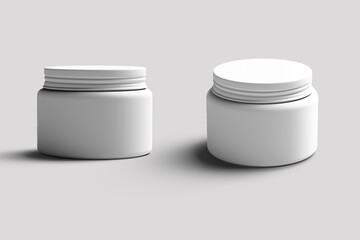 Cosmetic package. Rounded plastic cosmetic  jar with lid  mockup isolated on grey background. 3d rendering.