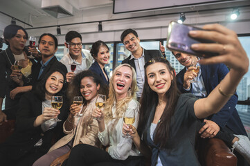 businessman and business partner person team in success, happy and fun in group celebration party