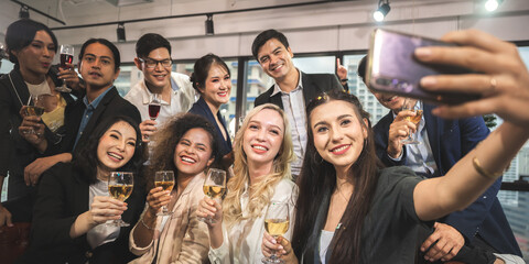 businessman and business partner person team in success, happy and fun in group celebration party