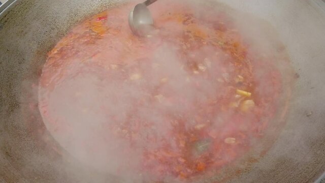 Cooking process of a traditional transcarpathian bohrach soup.