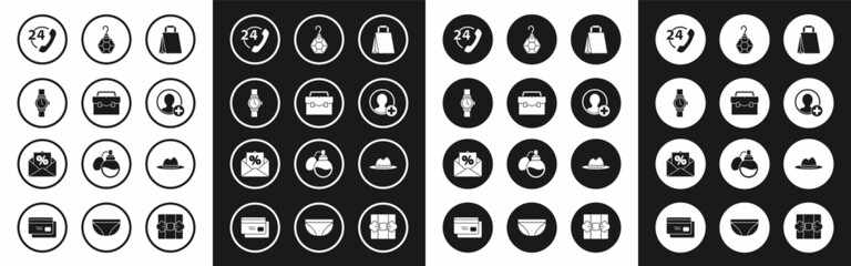 Set Paper shopping bag, Briefcase, Wrist watch, Telephone 24 hours support, Create account screen, Earring, Man hat with ribbon and Envelope interest discount icon. Vector
