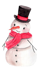 Snowman, watercolor christmas illustration